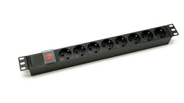 Блок розеток 19", 1U, 8 розеток Schuko, выключатель с подсветкой, однофазный 10A, входная розетка питания IEC 60320 C14