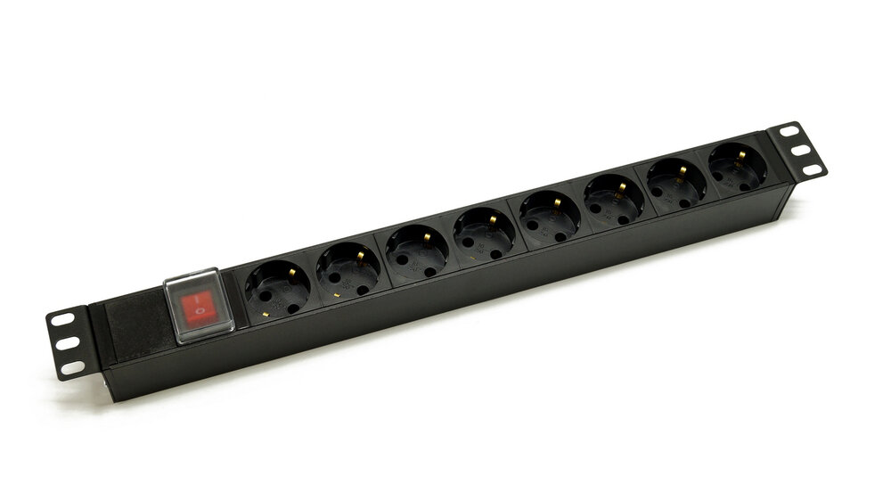 Блок розеток 19", 1U, 8 розеток Schuko, выключатель с подсветкой, однофазный 10A, входная розетка питания IEC 60320 C14