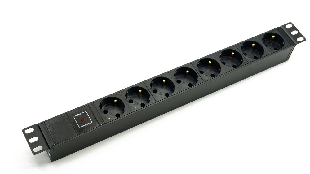 Блок розеток 19", 1U, 8 розеток Schuko, индикатор напряжения, однофазный 10A, входная розетка питания IEC 60320 C14