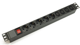 Блок розеток 19", 1U, 5 розеток Schuko, 4 розетки IEC 60320 C13, выключатель с подсветкой, однофазный 10A, вход питания IEC 60320 C14