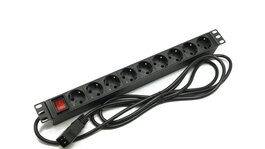 Блок розеток 19", 1U, 9 розеток Schuko, выключатель с подсветкой, однофазный 16A, кабель питания 2.5 метра с вилкой C20