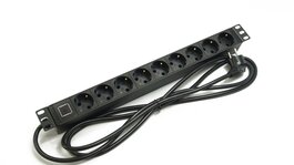 Блок розеток 19", 1U, 9 розеток Schuko, индикатор питания, однофазный 16A, кабель питания 3 метра