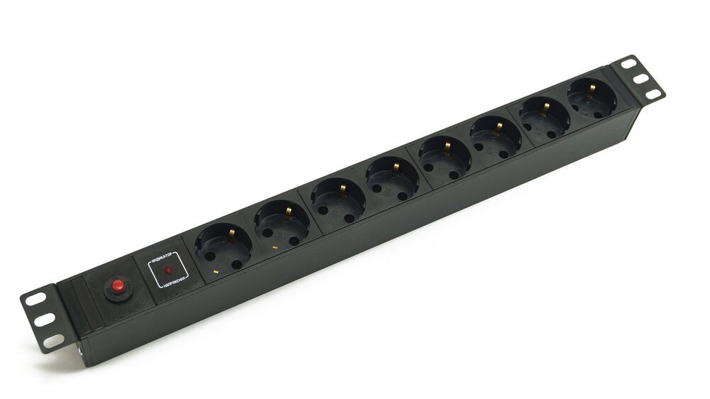 Блок розеток 19", 1U, 8 розеток Schuko, индикатор напряжения, функция защиты от перегрузки, однофазный 10A, вход питания IEC 60320 C14