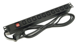 Блок розеток 19", 1U, 10 розеток IEC 60320 C13, выключатель с подсветкой, однофазный 16A, кабель питания 2.5 метра IEC 60320 C20