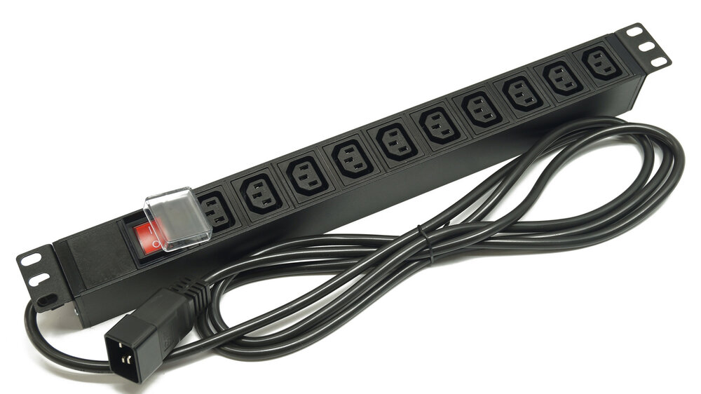 Блок розеток 19", 1U, 10 розеток IEC 60320 C13, выключатель с подсветкой, однофазный 16A, кабель питания 2.5 метра IEC 60320 C20