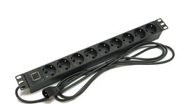 Блок розеток 19", 1U, 9 розеток Schuko, индикатор напряжения, однофазный 10A, кабель питания 2.5 метра с вилкой IEC 320 C14
