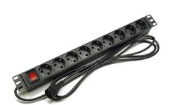 Блок розеток 19", 1U, 9 розеток Schuko, выключатель с подсветкой, однофазный 10A, кабель питания 2.5 метра с вилкой IEC 320 C14