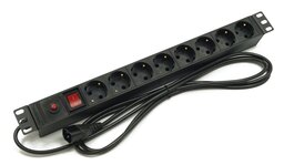 Блок розеток 19", 1U, 8 розеток Schuko, выключатель с подсветкой, функция защиты от перегрузки, однофазный 10A, кабель питания 2.5 метра IEC 60320 C14