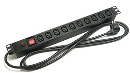 Блок розеток 19", 1U, 10 розеток IEC 60320 C13, выключатель с подсветкой, функция защиты от перегрузки, однофазный 10A, кабель питания 2 метра EU-Schuko