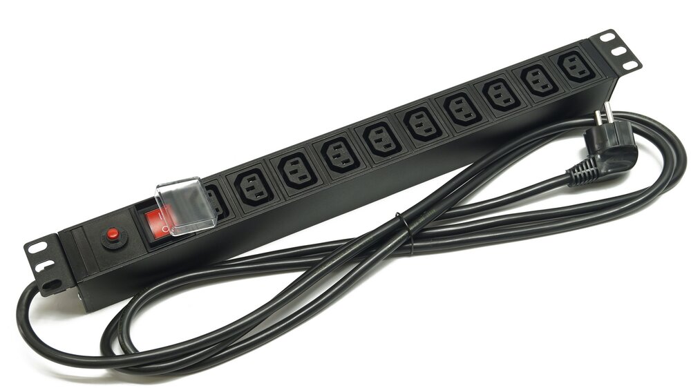 Блок розеток 19", 1U, 10 розеток IEC 60320 C13, выключатель с подсветкой, функция защиты от перегрузки, однофазный 10A, кабель питания 2 метра EU-Schuko