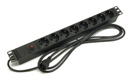 Блок розеток 19", 1U, 8 розеток Schuko, функция защиты от перегрузки, однофазный 10A, кабель питания 2.5 метра IEC 60320 C14