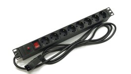 Блок розеток 19", 1U, 8 розеток Schuko, выключатель с подсветкой, функция защиты от перегрузки, однофазный 16A, кабель питания 2.5 метра IEC 60320 C20