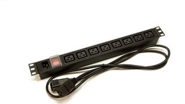 Блок розеток 19", 1U, 8 розеток IEC 60320 C19, вход питания IEC 60320 C20, с выключателем с подсветкой, однофазный 16А