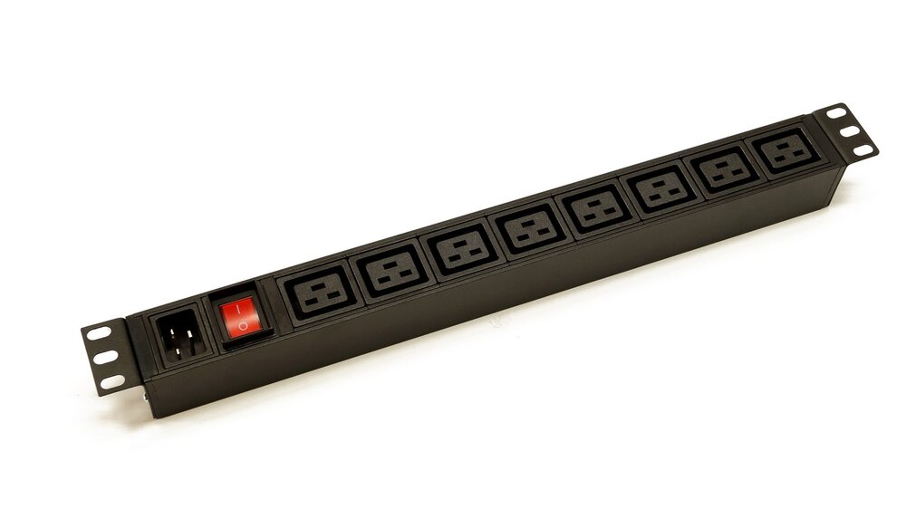 Блок розеток 19", 1U, 8 розеток IEC 60320 C19, вход питания IEC 60320 C20, с выключателем с подсветкой, однофазный 16А