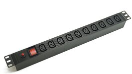 Блок розеток 19", 1U, 10 розеток IEC 60320 C13, выключатель с подсветкой, функция защиты от перегрузки, однофазный 10A, вход питания IEC 60320 C14
