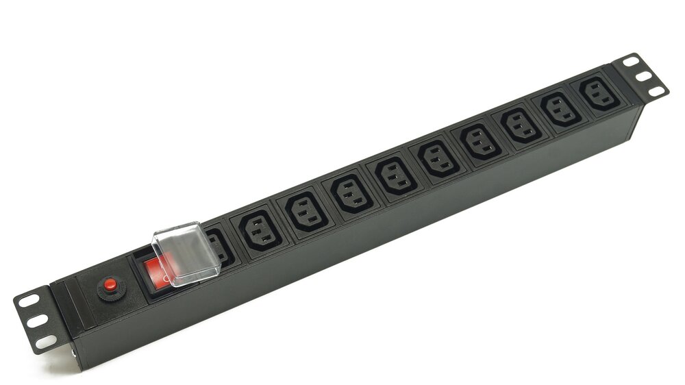 Блок розеток 19", 1U, 10 розеток IEC 60320 C13, выключатель с подсветкой, функция защиты от перегрузки, однофазный 10A, вход питания IEC 60320 C14
