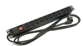 Блок розеток 19", 1U, 10 розеток IEC 60320 C13, выключатель с подсветкой, однофазный 16A, кабель питания 2 метра EU-Schuko