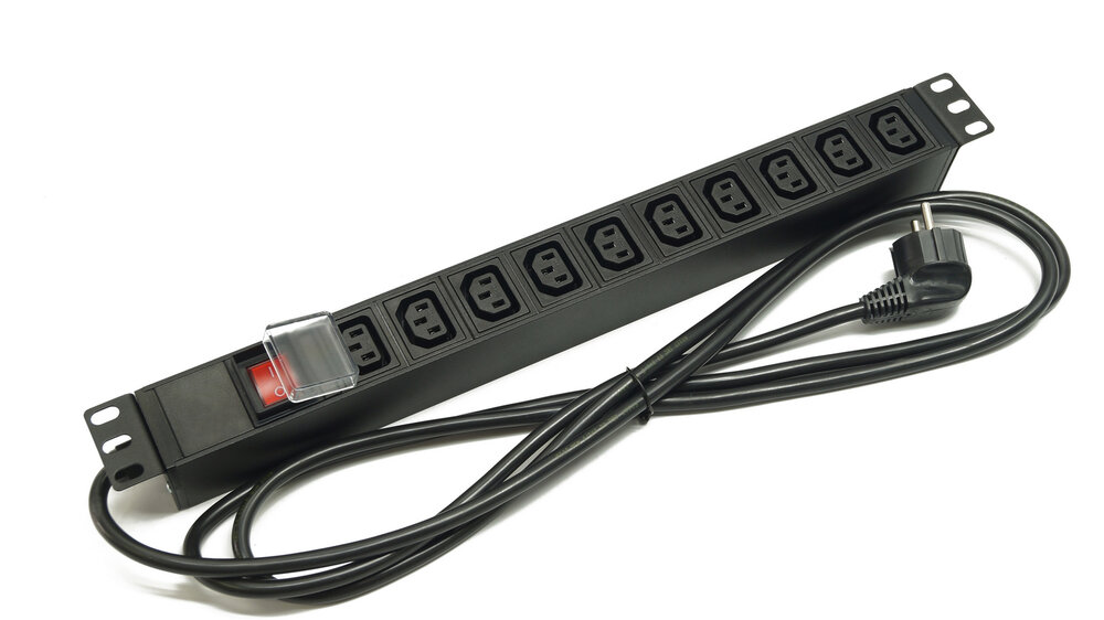 Блок розеток 19", 1U, 10 розеток IEC 60320 C13, выключатель с подсветкой, однофазный 16A, кабель питания 2 метра EU-Schuko