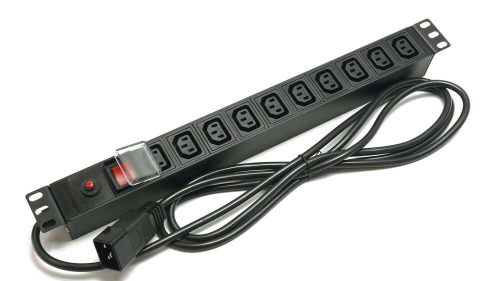 Блок розеток 19", 1U, 10 розеток IEC 60320 C13, выключатель с подсветкой, функция защиты от перегрузки, однофазный 16A, кабель питания 2.5 метра IEC 60320 C20