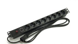 Блок розеток 19", 1U, 8 розеток Schuko, индикатор напряжения, функция защиты от перегрузки, однофазный 10A, кабель питания 2.5 метра IEC 60320 C14