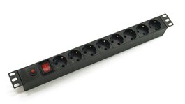 Блок розеток 19", 1U, 8 розеток Schuko, выключатель с подсветкой, функция защиты от перегрузки, однофазный 10A, вход питания IEC 60320 C14