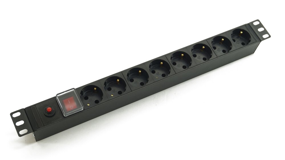 Блок розеток 19", 1U, 8 розеток Schuko, выключатель с подсветкой, функция защиты от перегрузки, однофазный 10A, вход питания IEC 60320 C14