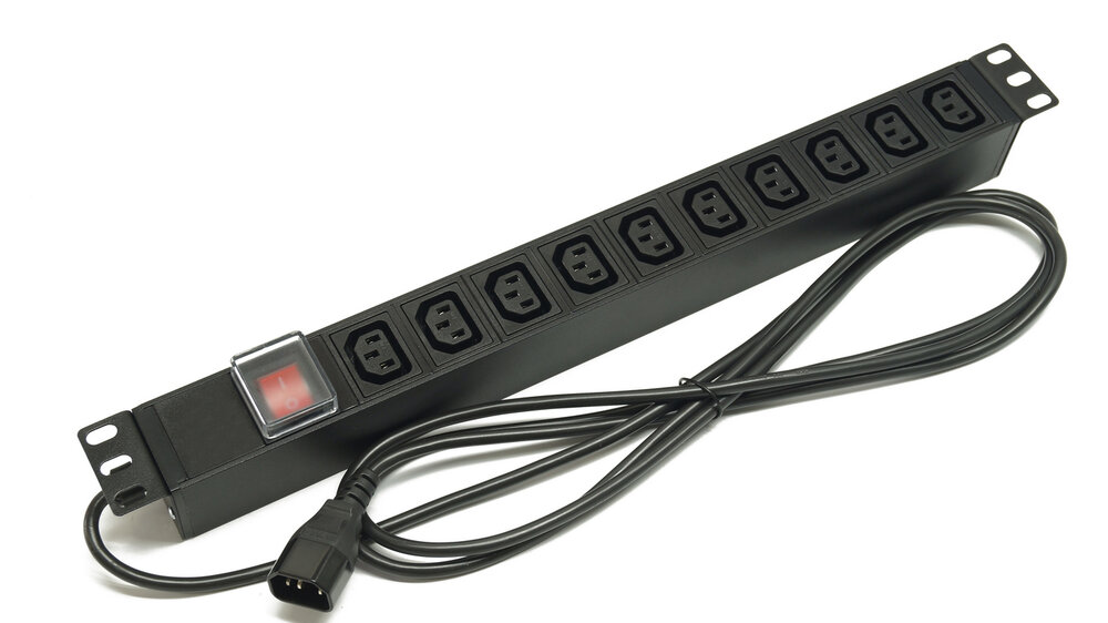 Блок розеток 19", 1U, 10 розеток IEC 60320 C13, выключатель с подсветкой, однофазный 10A, кабель питания 2.5 метра IEC 60320 C14