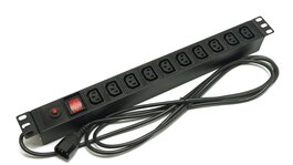 Блок розеток 19", 1U, 10 розеток IEC 60320 C13, выключатель с подсветкой, функция защиты от перегрузки, однофазный 10A, кабель питания 2.5 метра IEC 60320 C14