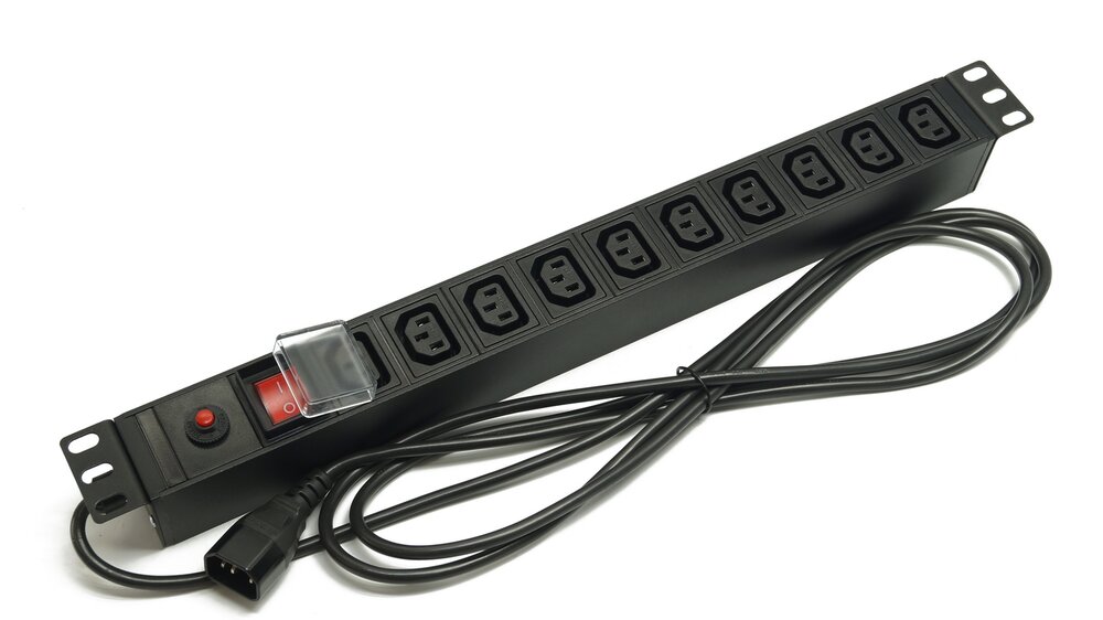 Блок розеток 19", 1U, 10 розеток IEC 60320 C13, выключатель с подсветкой, функция защиты от перегрузки, однофазный 10A, кабель питания 2.5 метра IEC 60320 C14