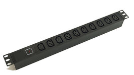 Блок розеток 19", 1U, 10 розеток IEC 60320 C13, индикатор напряжения, однофазный 10A, вход питания IEC 60320 C14