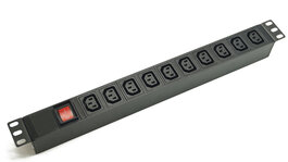 Блок розеток 19", 1U, 10 розеток IEC 60320 C13, выключатель с подсветкой, однофазный 10A, вход питания IEC 60320 C14