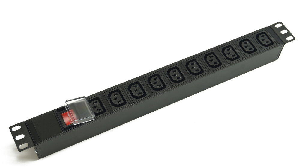 Блок розеток 19", 1U, 10 розеток IEC 60320 C13, выключатель с подсветкой, однофазный 10A, вход питания IEC 60320 C14