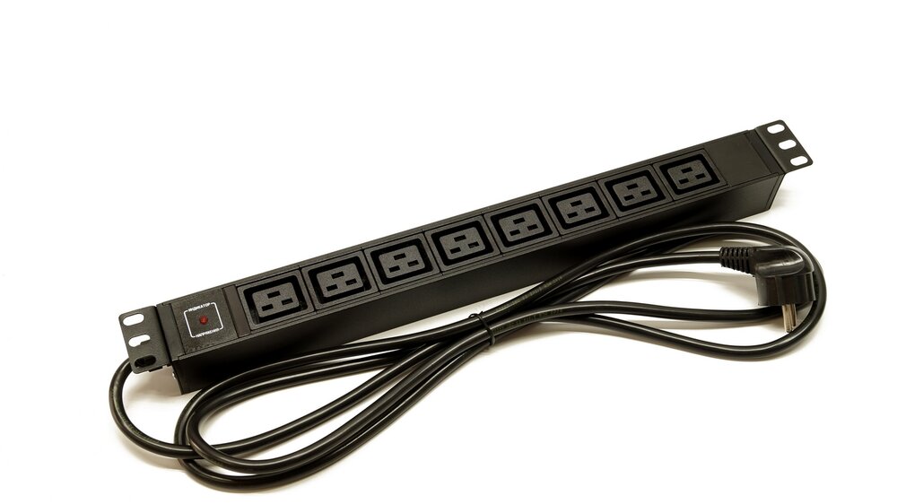 Блок розеток 19", 1U, 8 розеток IEC 60320 C19, с индикатором напряжения, кабель питания 3 метра, однофазный 16А