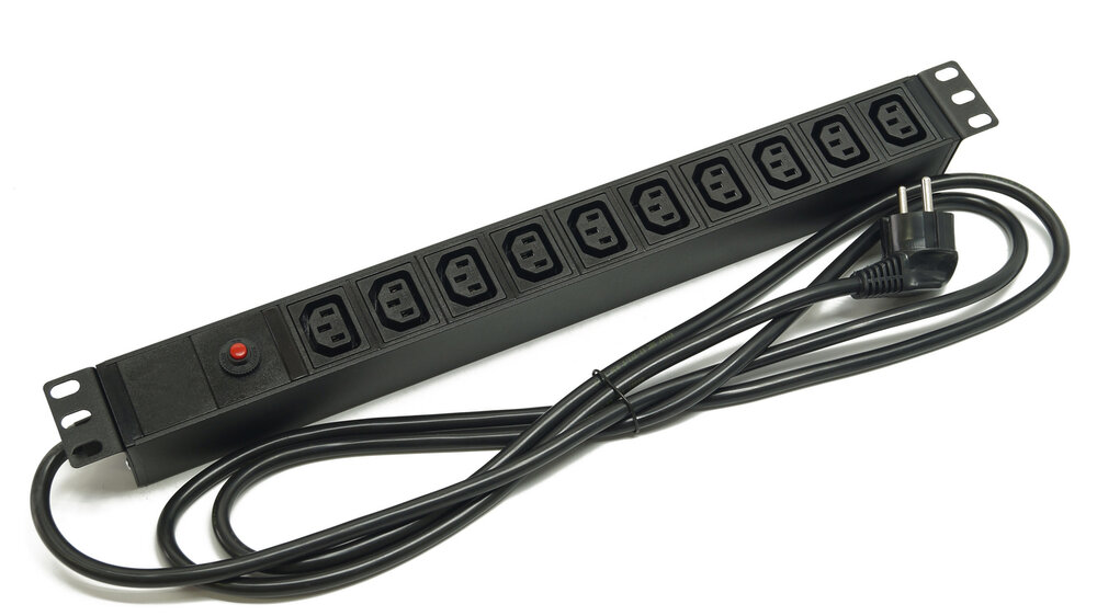 Блок розеток 19", 1U, 10 розеток IEC 60320 C13, функция защиты от перегрузки, однофазный 16A, кабель питания 2 метра EU-Schuko
